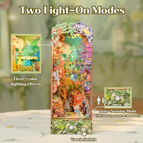 Tonecheer DIY Book Nook Kit, Dorothy's Journey 3D Puzzle Wooden Fairy Tales Miniature House Kit for Adults, Booknook Set Dollhouse Bookshelf Decor Bookend with Dust Cover and LEDs Ideal Gifts - Image 3