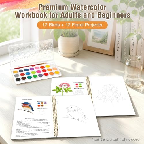 Creazic 2-Pack Watercolor Workbook for Beginners, Pre-Sketched Floral & Bird Coloring Book, 24 Projects on 140lb/300gsm Watercolor Paper, Step-by-Step Tutorial to Relax & Spark Joy for Adults & Teens - Image 2