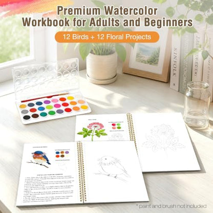 Creazic 2-Pack Watercolor Workbook for Beginners, Pre-Sketched Floral & Bird Coloring Book, 24 Projects on 140lb/300gsm Watercolor Paper, Step-by-Step Tutorial to Relax & Spark Joy for Adults & Teens - Image 2