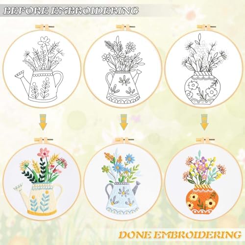 GLTAYLMY 3pcs Embroidery Starter Kit with Vase Pattern, Stamped Cross Stitch Kits for Beginners Adults with Embroidery Hoop and Instructions, Hand Embroidery Kit - Image 2