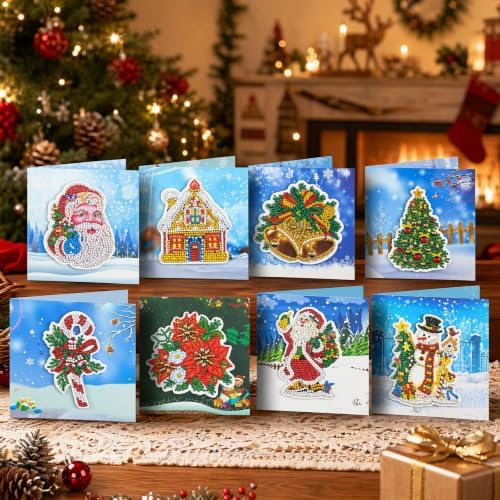 8PCS Winter Christmas DIY Greeting Card Kits with Envelopes Diamond Art Greeting Cards Diamond Art Cards Kits for Adults DIY Crafts Family Friend Gifts - Image 2
