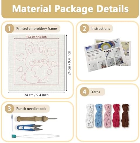 Doodlream Love Bunny Needle Kit for Beginner, 9.4"x 9.4" Cute Rabbit Punch Stitching Craft Set, DIY Embroidery Starter with Printed Frame, Instruction, Threader, Yarn, Pinch Needle - Image 2