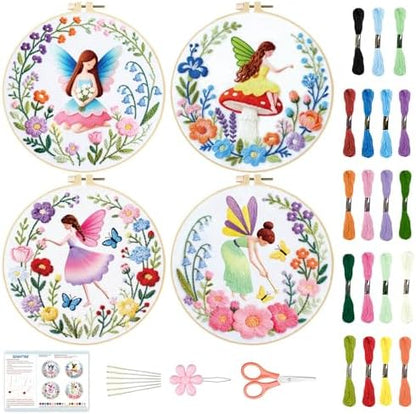 BEUNITONE 4 Set Fairy Patterns Embroidery Kit for Beginners 7.9"x7.9" DIY Complete Needlepoint Kits for Adults, Cross Stitch Starter Kit with Hoops and Instructions, Handmade Gifts for Home Decor by BEUNITONE