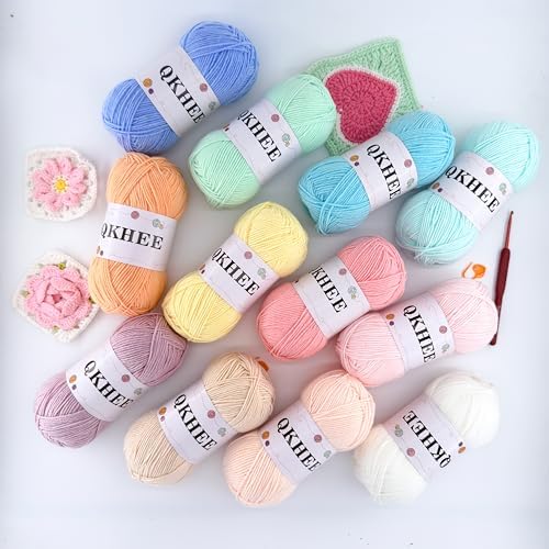 QKHEEYarn for Crocheting and Knitting 12 * 1.76 Oz (50G) /195yd,Fine/Fingering Weight (1), 60% Cotton 40% Acrylic Soft Yarn kit for Making Granny Squares and amigurumi (Honey) - Image 3