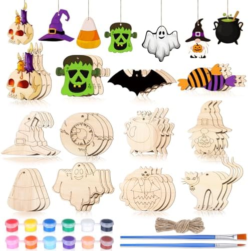 JellyArch 36 Pcs Halloween Wood Cutouts Crafts, Halloween Pumpkin Skull Bat Ghost Blank Unfinished Wooden Shape Slice, DIY Crafts Paint Hanging Ornaments for Party Decor by JellyArch