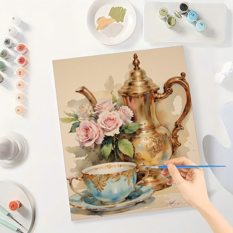 DecorFriday Tea Time Roses Paint by Numbers Kit for Adults - DIY Teapot and Cup Painting on Canvas, Acrylic Paint Set, for Beginners, Ideal for Home Decor or Gifts(16X20IN Framed) - Image 3