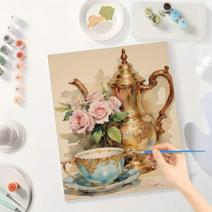 DecorFriday Tea Time Roses Paint by Numbers Kit for Adults - DIY Teapot and Cup Painting on Canvas, Acrylic Paint Set, for Beginners, Ideal for Home Decor or Gifts(12X16IN Framed) - Image 3