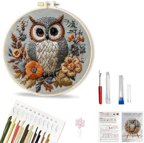Huacan Embroidery Kit for Beginners Adults Includes Stamped Owl Pattern, Hoop, Color Threads,Tools,Easy to Follow Instruction by Home