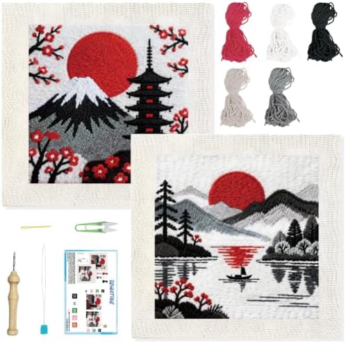 BEUNITONE 2Set Punch Needle Kit with Frame for Adults Beginners, Japanese Style Needlepoint Crafts Kit for Adults, Complete Embroidery Starter Kits with Pre-print Pattern for Gift Home Decor 9.4"x9.4" by BEUNITONE