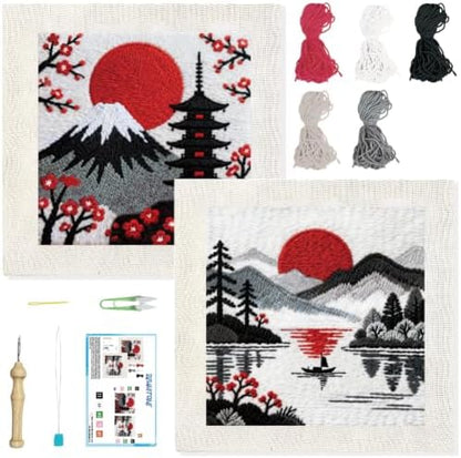 BEUNITONE 2Set Punch Needle Kit with Frame for Adults Beginners, Japanese Style Needlepoint Crafts Kit for Adults, Complete Embroidery Starter Kits with Pre-print Pattern for Gift Home Decor 9.4"x9.4" by BEUNITONE