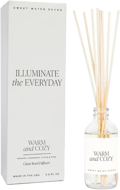 Sweet Water Decor Warm and Cozy Reed Diffuser Set - Orange, Cinnamon, Clove, and Pine Fall and Winter Scented Diffuser - Scent Diffusers for Home, Long Lasting Fragrance, Made in The USA