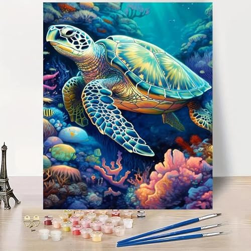 MaiMMaledy Paint by Numbers Kit for Adults Beginners 8Wx12L inch Canvas Pictures with Framed Drawing Painting Works with Wooden Triangle Easel Acrylic Pigment Sea Turtle - Image 3
