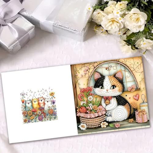 ARTopet 6Pcs Folding Greeting Card Diamond Art Painting Thank You Blessing Cards with White Envelope Rhinestones Painted Making Kits for Adults DIY Craft Holiday Gift-Cat01 - Image 5