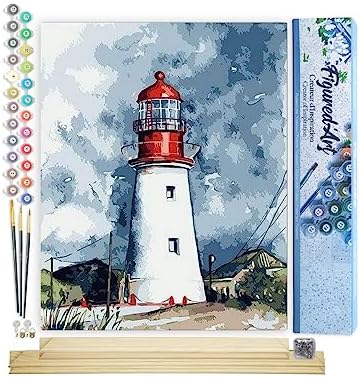 Figured'Art Paint by Numbers Kit for Adults Lighthouse Under a Cloudy Sky 16"x20" - Craft Art Painting Rolled Canvas with DIY Wooden Frame by FiguredArt