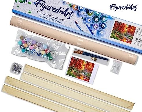 Figured'Art Paint by Numbers Kit for Adults Autumn River and Boat 16"x20" - Craft Art Painting Rolled Canvas with DIY Wooden Frame - Image 5