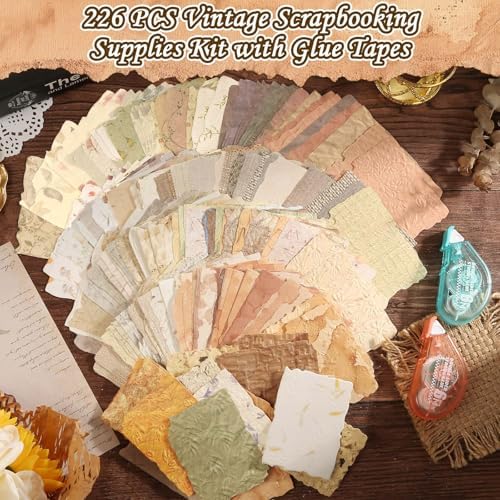226 Sheets Vintage Scrapbook Paper Kit with Photo Tapes, Textured Scrapbooking Supplies Craft Paper for Junk Journal Supplies Planner Mixed Collage Materials Embellishments - Image 2