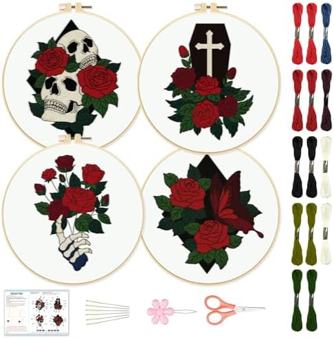 BEUNITONE 4 Set Halloween Skull Embroidery Kit for Beginners Include Hoops by BEUNITONE
