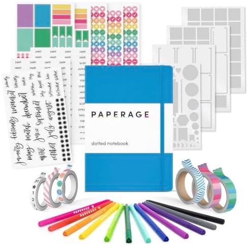 PAPERAGE Bullet Style Journal Kit, Dotted Journaling Set & Stationary Kit, Hardcover Dotted Journal Notebook (Bright Blue), 12 fineliner Pens, 8 Sticker & 3 Stencil Sheets, 6 Washi Tapes by PAPERAGE