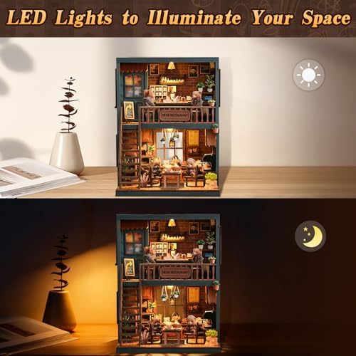 Book Nook Kit for Adults, DIY Miniature House Kits, Bear Restaurant 3D Wooden Dollhouse with Sensor LED Light, DIY Building House Bookend Model Craft, Home Bookshelf Decor Birthday Gift - Image 4