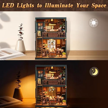 Book Nook Kit for Adults, DIY Miniature House Kits, Bear Restaurant 3D Wooden Dollhouse with Sensor LED Light, DIY Building House Bookend Model Craft, Home Bookshelf Decor Birthday Gift - Image 4
