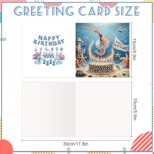 jinglinhh 6pcs Diamond Art Painting Birthday Cake Ocean Lobster Shark Dolphin Sea Turtle Shark Greeting Cards with Envelopes, DIY Card Making Kits for Adults, Diamond Art Christmas Cards Craft Gifts - Image 2