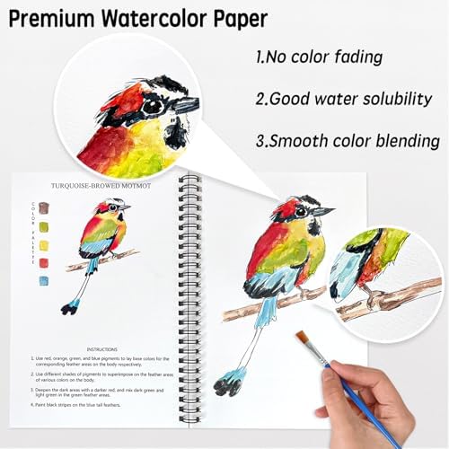 SLWBZ Watercolor Workbook Birds, 15 Different Patterns of Original DIY Designs, 16 Color Watercolor Paint Plates with Palette and Brush, Beginner-Friendly Watercolor Workbooks, Birds - Image 3