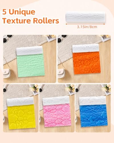 UCEC 5 Pcs Polymer Clay Texture Roller Set for Jewelry Making 3.15" Tools - Image 2