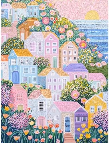 Clendo DIY Paint by Numbers Kit for Adults Beginner, Seaside House Adult Paint by Number Kits on Canvas, Oil Painting Kit for Gifts Home Wall Decor 16x20 Inch（No Frame） by Clendo