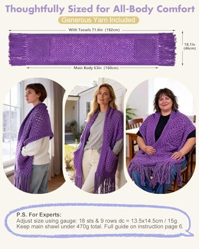 Arborthread Crochet Kit for Beginners, Easy All-Season Pocket Shawl Pureple - Image 4