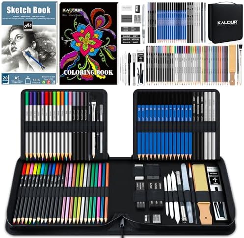 KALOUR 82 Pack Drawing Sketching Kit, Pro Art Supplies with Sketchbook, Include Tutorial,Colored, Graphite, Charcoal, Watercolor,Metallic & Pastel Pencils, Drawing Set for Adults Teens Beginner by KALOUR