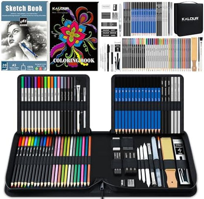 KALOUR 82 Pack Drawing Sketching Kit, Pro Art Supplies with Sketchbook, Include Tutorial,Colored, Graphite, Charcoal, Watercolor,Metallic & Pastel Pencils, Drawing Set for Adults Teens Beginner by KALOUR