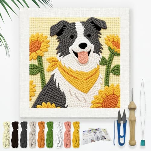 DOODLREAM Border Collie Needle Kit for Beginner, 9.4"x 9.4" Country Sunflower Punch Stitching Craft Set, Dog DIY Embroidery Starter with Printed Frame, Instruction, Threader, Yarn, Punch Needle by Doodlream