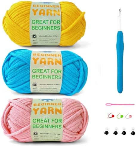 3 * 50g/1.76oz Yarn for Crocheting and Knitting, 3 * 60yds Beginner Yarn with Easy-to-See Stitches; Worsted-Weight Medium #4;Amigurumi-Friendly Crochet Kit(Yellow+Blue+Pink) by SIXLAMB