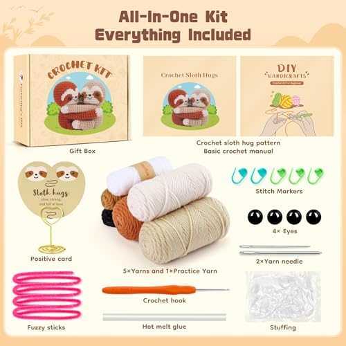 Fortuning's JDS Crochet Kit for Beginners, Hug Sloths Crochet Animal Kit - Image 4