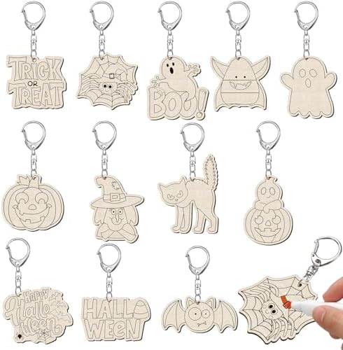 RattanView 24 Pcs Halloween Color Your Own Wooden Keychain Craft Kits by RattanView