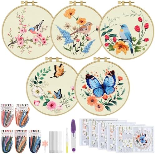 ERKOON 5 Sets Embroidery Kit for Beginners Adult Bird Flower Cross Stitch by ERKOON