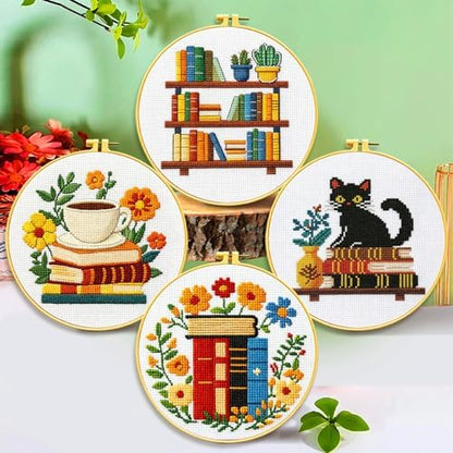 Zhenqing 4 Themes Cross Stitch Kit Set - 11CT 9.45x9.45Inch, Coffee/Books/Cats/Floral Designs, DIY Embroidery Kit with Full Tools (Hoops, Scissors, Tassels) & Guide, Cozy Home Decor Gift(69601) - Image 2