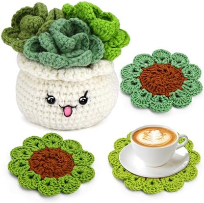 FTEVEN Crochet Kit for Beginners, 3PCS Coasters Potted Plants Crochet Kit by FTEVEN