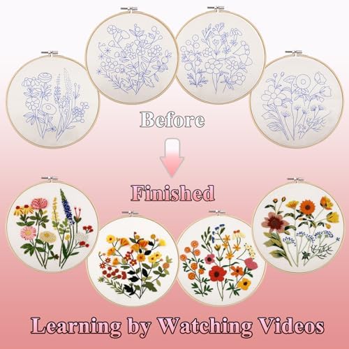 VIVIDOX 4 Sets Embroidery Kit for Beginners with Stitch Video, Flower Cross Stitch Kits for Adults, Starter, Hand Craft Lover Practice with Floral Stamped Pattern, 2 Hoops, 16 Needles, Scissors, Tools - Image 4