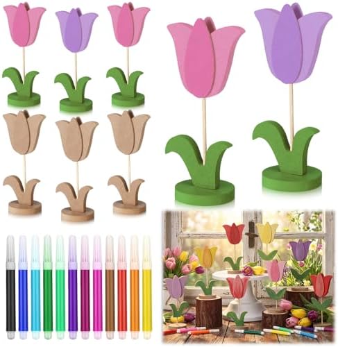 Bucherry 20 Pcs DIY Mother's Day Crafts Set 8 Pcs 3D Wooden Tulip to Paint Spring Wood Flowers Cutouts with Stand Unfinished Tulip Slices with 12 Colored Pens for Women Adult Crafts Art Table Decor by Bucherry