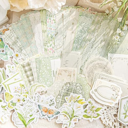 OKUPAN Vintage Floral Scrapbook Supplies Kit with Scrapbook Paper & Journaling Stickers (100pcs) - (Green) Junk Journal Supplies for Bullet Journaling, Retro Crafts, Planner, Mixed Media, Card Making - Image 2