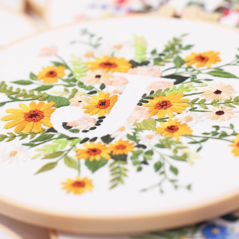 artcici Embroidery Kits Plant Flower Letter J Patterns for Beginners Adults, Full Range Embroidery Starter Kits Cross Stitch Needlework Supplies (Letter J) - Image 4