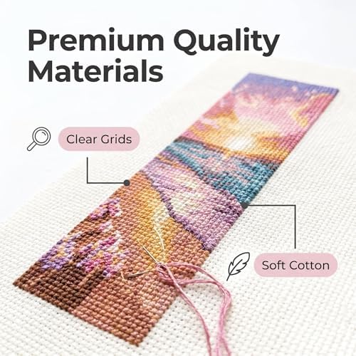 6PC Pink Beach Stamping Cross Stitch Kit for Adult Beginners,Scenery Counting Cross Stitch Kit Bookmarks Stamped Bookmark Embroidery Kit with Instructions Full Line DIY CrossStitch Patterns 8''x2.4'' - Image 3