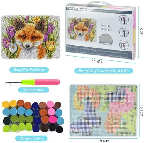 Yjunue Latch Hook Rug Kit for Adults DIY Crochet Yarn Kits with Color Printed Canvas Fox Pattern Rug Making Craft Embroidery Tapestry Set Home Decor Festival Gift 20''X14'' - Image 5