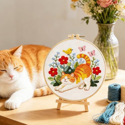 BEUNITONE 6 Set Cat and Flowers Embroidery Kit for Adults Beginners, Pre-Stamped Pattern Needlepoint Kits with Hoop, Tools, Instruction, Hand Embroidery Kits for Gifts, Fabric and Home Decor 7.9x7.9 - Image 5