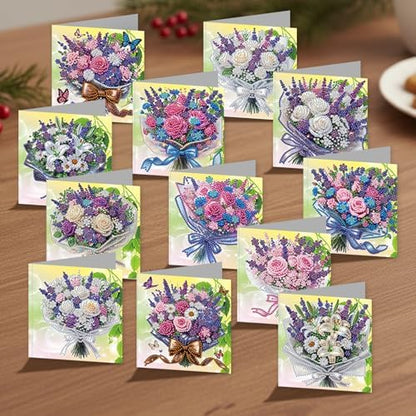 jinglinhh 12pcs Lavender Rose Lily Bouquet Diamond Art Painting Greeting Cards with Envelopes, DIY Card Making Kits for Adults, Diamond Art Christmas Cards for Birthday Holiday Postcards Craft Gifts - Image 2