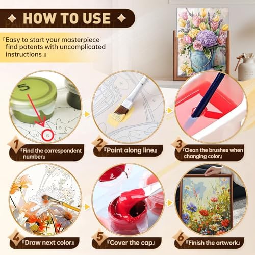 Qaisxoty Flowers Paint by Numbers Kit for Adults, Beginner Floral Paint by Numbers with Rolled Canvas, Box, Brushes, Acrylic Paints, DIY Paint by Number for Home Decor & Gift - 12”x16” - Image 6