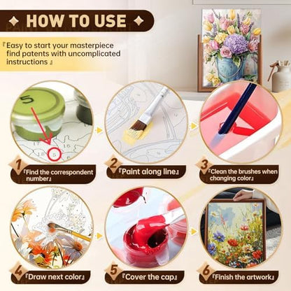 Qaisxoty Flowers Paint by Numbers Kit for Adults, Beginner Floral Paint by Numbers with Rolled Canvas, Box, Brushes, Acrylic Paints, DIY Paint by Number for Home Decor & Gift - 12”x16” - Image 6