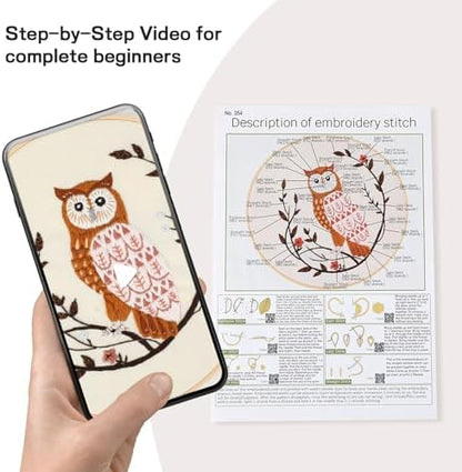 Beginner Owl Embroidery Kit for Adults, Pre-Printed with Video Tutorial - Image 2