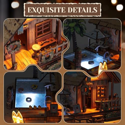 3D Wooden Puzzles for Adult,187pcs Hawaiian Vacation Beach House Kit,DIY Wooden Model Kits with LED Light for Adults-Toy Gifts for Ages 14 and up - Image 4
